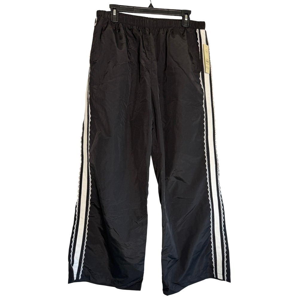 No Boundaries Womens Lace Trim Track Pants Black Soot Wide Leg Large 12-14 NWT